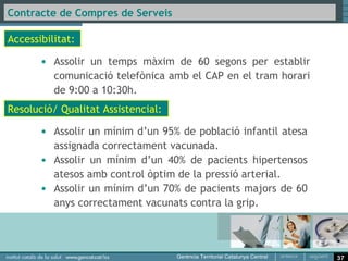 Contracte de Compres de Serveis

Coordinació:
       • Participar en un circuit de diagnòstic ràpid per als pacients
         amb sospita de càncer de pulmó i colorectal.
       • Assolir un mínim d’un 50% de lactants de tres mesos amb
         alletament matern.

Eficiència:
          • Assolir un mínim d'un 15% de prescripció d'especialitats
            farmacèutiques genèriques.
          • Assolir un màxim d'un 3% de prescripció d’envasos de nous
          fàrmacs que no aporten cap valor afegit en relació al total
          d’envasos.
          • Assolir un cost d’absorbents per a incontinència urinària per
            pacient incontinent inferior a 500 euros.




                                                                            37
 