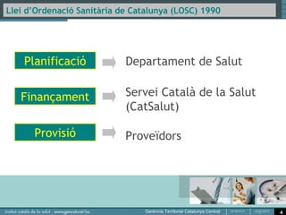 Llei d’Ordenació Sanitària de Catalunya (LOSC) 1990




    Planificació            Departament de Salut

   Finançament              Servei Català de la Salut
                            (CatSalut)

      Provisió              Proveïdors




                                                        4
 
