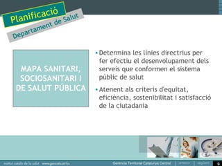 i cació Salut
Planif     t de
          a men
D   epart

                      • Determina les línies directrius per
                        fer efectiu el desenvolupament dels
  MAPA SANITARI,        serveis que conformen el sistema
  SOCIOSANITARI I       públic de salut
 DE SALUT PÚBLICA     • Atenent als criteris d'equitat,
                        eficiència, sostenibilitat i satisfacció
                        de la ciutadania




                                                                   9
 