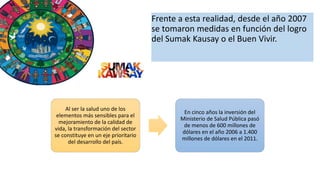 • Frente a esta realidad, desde el año 2007
se tomaron medidas en función del logro
del Sumak Kausay o el Buen Vivir.
Al ser la salud uno de los
elementos más sensibles para el
mejoramiento de la calidad de
vida, la transformación del sector
se constituye en un eje prioritario
del desarrollo del país.
En cinco años la inversión del
Ministerio de Salud Pública pasó
de menos de 600 millones de
dólares en el año 2006 a 1.400
millones de dólares en el 2011.
 