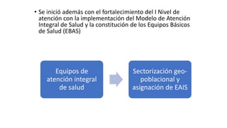 • Se inició además con el fortalecimiento del I Nivel de
atención con la implementación del Modelo de Atención
Integral de Salud y la constitución de los Equipos Básicos
de Salud (EBAS)
Equipos de
atención integral
de salud
Sectorización geo-
poblacional y
asignación de EAIS
 