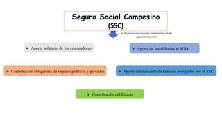 Seguro Social Campesino
(SSC)
 Contribución del Estado
 Aporte solidario de los empleadores  Aporte de los afiliados al SGO
 Contribución obligatoria de seguros públicos y privados  Aporte diferenciado de familias protegidas por el SSC
se financian con recursos provenientes de las
siguientes fuentes:
 