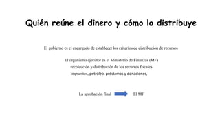 Quién reúne el dinero y cómo lo distribuye
El gobierno es el encargado de establecer los criterios de distribución de recursos
El organismo ejecutor es el Ministerio de Finanzas (MF)
recolección y distribución de los recursos fiscales
Impuestos, petróleo, préstamos y donaciones,
La aprobación final El MF
 