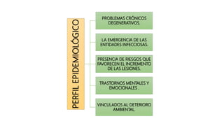 PERFILEPIDEMIOLÓGICO
PROBLEMAS CRÓNICOS
DEGENERATIVOS.
LA EMERGENCIA DE LAS
ENTIDADES INFECCIOSAS.
PRESENCIA DE RIESGOS QUE
FAVORECEN EL INCREMENTO
DE LAS LESIONES.
TRASTORNOS MENTALES Y
EMOCIONALES .
VINCULADOS AL DETERIORO
AMBIENTAL.
 