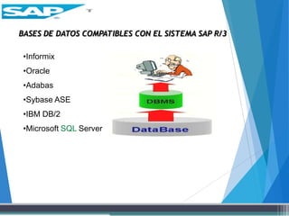 BASES DE DATOS COMPATIBLES CON EL SISTEMA SAP R/3
•Informix
•Oracle
•Adabas
•Sybase ASE
•IBM DB/2
•Microsoft SQL Server
 