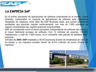 Arquitectura del sistema SAP R/3
Arquitectura cliente / servidor del sistema R/3. El sistema R/3 opera
utilizando el princ...