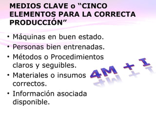 MEDIOS CLAVE o “CINCO
ELEMENTOS PARA LA CORRECTA
PRODUCCIÓN”
• Máquinas en buen estado.
• Personas bien entrenadas.
• Métodos o Procedimientos
claros y seguibles.
• Materiales o insumos
correctos.
• Información asociada
disponible.
 