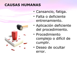 CAUSAS HUMANAS
• Cansancio, fatiga.
• Falta o deficiente
entrenamiento.
• Aplicación deficiente
del procedimiento.
• Procedimiento
complejo o difícil de
cumplir.
• Deseo de ocultar
error.
 
