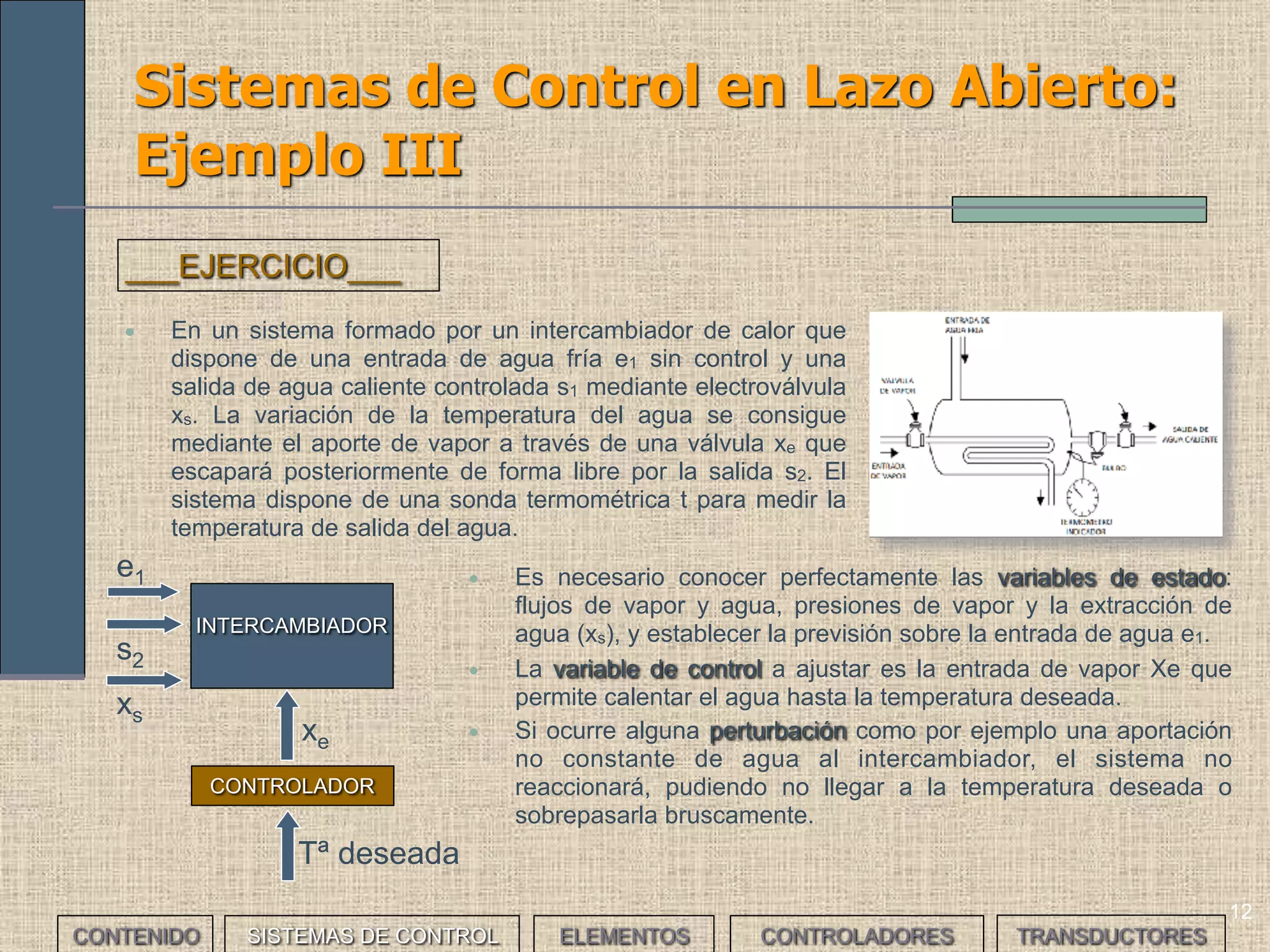 12
Sistemas de Control en Lazo Abierto:
Ejemplo III
• En un sistema formado por un intercambiador de calor que
dispone de una entrada de agua fría e1 sin control y una
salida de agua caliente controlada s1 mediante electroválvula
xs. La variación de la temperatura del agua se consigue
mediante el aporte de vapor a través de una válvula xe que
escapará posteriormente de forma libre por la salida s2. El
sistema dispone de una sonda termométrica t para medir la
temperatura de salida del agua.
___EJERCICIO___
• Es necesario conocer perfectamente las variables de estado:
flujos de vapor y agua, presiones de vapor y la extracción de
agua (xs), y establecer la previsión sobre la entrada de agua e1.
• La variable de control a ajustar es la entrada de vapor Xe que
permite calentar el agua hasta la temperatura deseada.
• Si ocurre alguna perturbación como por ejemplo una aportación
no constante de agua al intercambiador, el sistema no
reaccionará, pudiendo no llegar a la temperatura deseada o
sobrepasarla bruscamente.
INTERCAMBIADOR
CONTROLADOR
e1
xs
xe
Tª deseada
CONTENIDO SISTEMAS DE CONTROL ELEMENTOS TRANSDUCTORESCONTROLADORES
s2
 