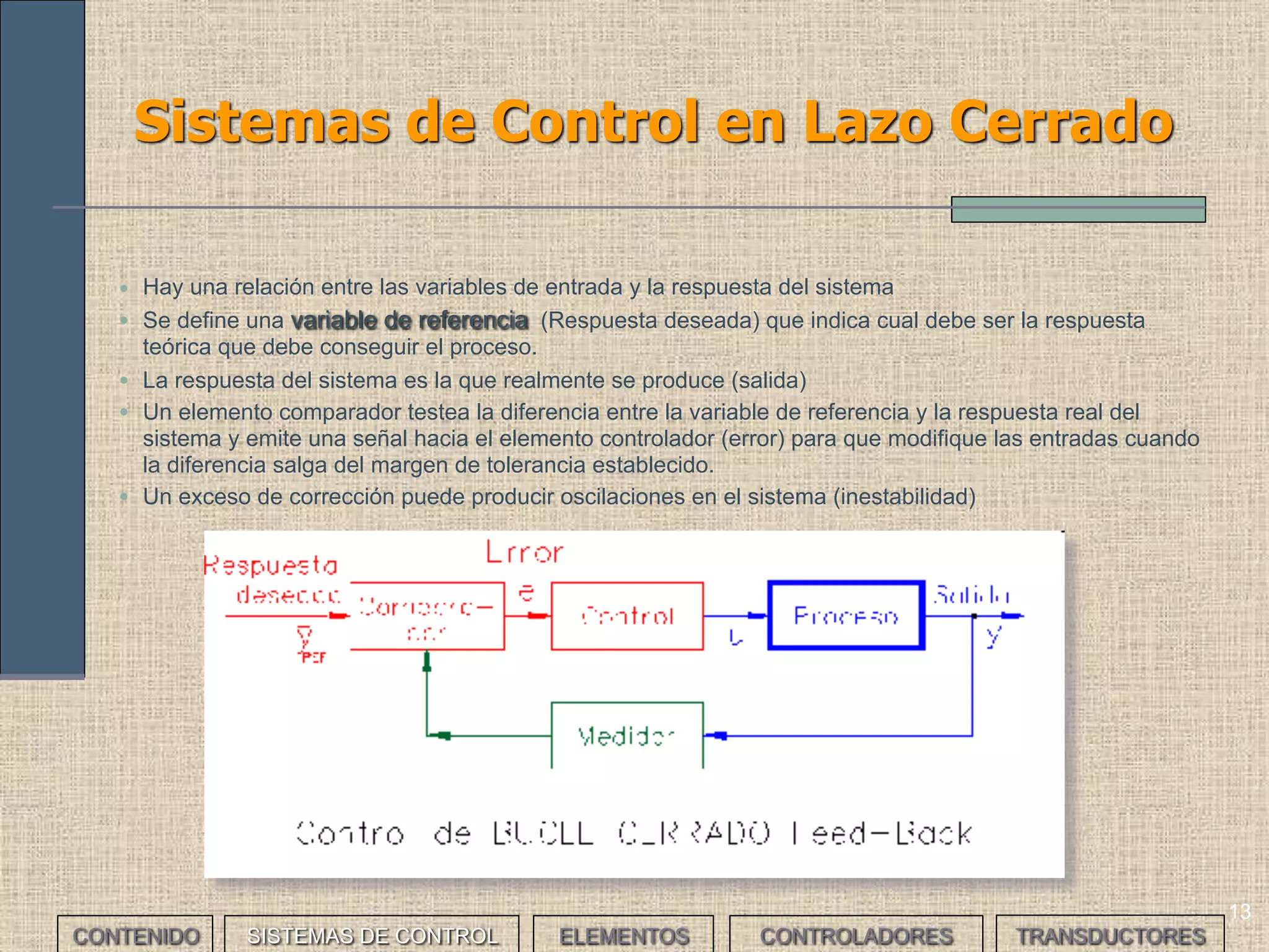 13
Sistemas de Control en Lazo Cerrado
• Hay una relación entre las variables de entrada y la respuesta del sistema
• Se define una variable de referencia (Respuesta deseada) que indica cual debe ser la respuesta
teórica que debe conseguir el proceso.
• La respuesta del sistema es la que realmente se produce (salida)
• Un elemento comparador testea la diferencia entre la variable de referencia y la respuesta real del
sistema y emite una señal hacia el elemento controlador (error) para que modifique las entradas cuando
la diferencia salga del margen de tolerancia establecido.
• Un exceso de corrección puede producir oscilaciones en el sistema (inestabilidad)
CONTENIDO SISTEMAS DE CONTROL ELEMENTOS TRANSDUCTORESCONTROLADORES
 