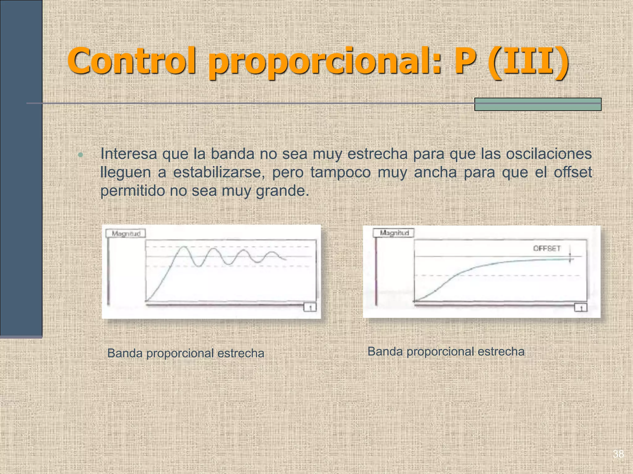 36
Control proporcional: P (I)
• Consiste en un amplificador de ganancia variable
y trata de ajustar la ganancia de la cadena
directa.
• Así se consigue una respuesta más rápida ante
una variación de la referencia (entrada en
escalón) aunque se tarda más en estabilizarse.
• Se consigue mejorar el régimen permanente
aunque empeore el transitorio (necesario un
compromiso).
ACCIONADOR
GA
PROCESO
GP
KP
x(t) y(t)
COMPARADOR
e(t)
x1(t)
TRANSDUCTOR (SENSOR)
H
HGGK1
GGK
M
PAP
PAP
+
=
CONTENIDO SISTEMAS DE CONTROL ELEMENTOS TRANSDUCTORESCONTROLADORES
 