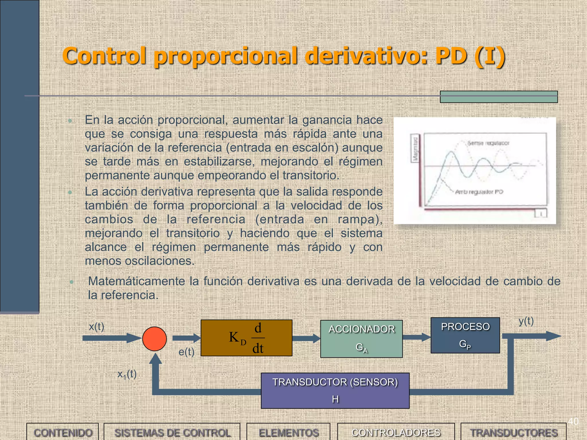 38
Control proporcional: P (III)
• Interesa que la banda no sea muy estrecha para que las oscilaciones
lleguen a estabilizarse, pero tampoco muy ancha para que el offset
permitido no sea muy grande.
Banda proporcional ancha Banda proporcional estrecha
 