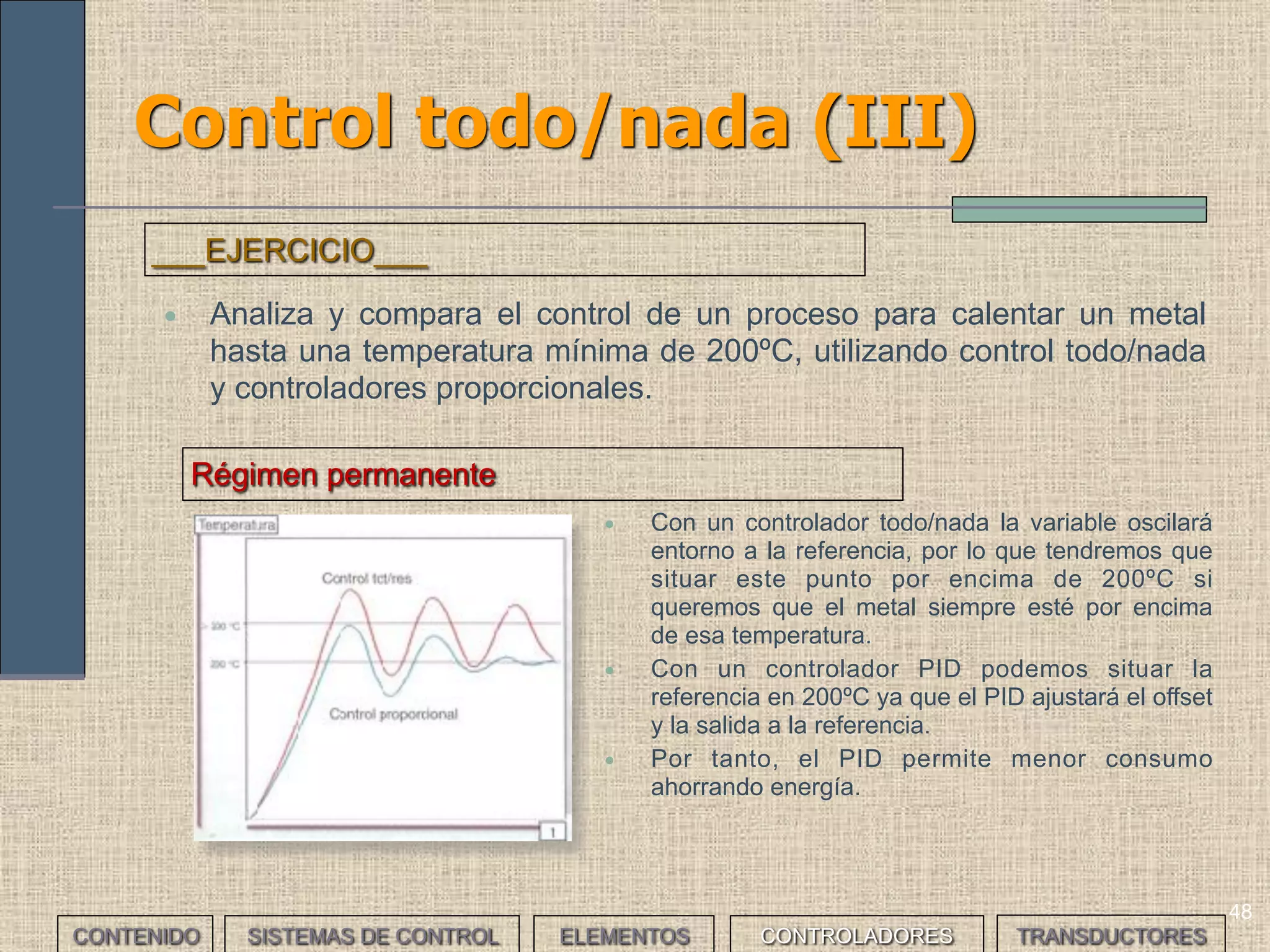 46
• El sistema de control se activa o desactiva cuando la
salida del sistema se aleja o alcanza el valor de
referencia, respectivamente.
• La salida del sistema de control sólo puede adoptar dos
estados: conectado o desconectado.
• Un ejemplo típico de este tipo de control es una estufa
con termostato.
Control todo/nada (I)
ACCIONADOR
GA
PROCESO
GP
x(t) y(t)
COMPARADOR
e(t)
x1(t)
TRANSDUCTOR (SENSOR)
H






<=
>=
=
(t)xe(t)si0c(t)
(t)xe(t)si1c(t)
(t)x-x(t)e(t)
1
1
1
c(t)
CONTENIDO SISTEMAS DE CONTROL ELEMENTOS TRANSDUCTORESCONTROLADORES
 