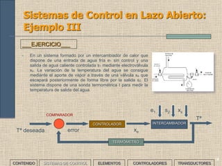 12
Sistemas de Control en Lazo Abierto:
Ejemplo III
• En un sistema formado por un intercambiador de calor que
dispone de una entrada de agua fría e1 sin control y una
salida de agua caliente controlada s1 mediante electroválvula
xs. La variación de la temperatura del agua se consigue
mediante el aporte de vapor a través de una válvula xe que
escapará posteriormente de forma libre por la salida s2. El
sistema dispone de una sonda termométrica t para medir la
temperatura de salida del agua.
___EJERCICIO___
CONTENIDO SISTEMAS DE CONTROL ELEMENTOS TRANSDUCTORESCONTROLADORES
14
INTERCAMBIADORCONTROLADOR
e1 s2
xe
Tª
COMPARADOR
errorTª deseada
xs
TERMÓMETRO
 