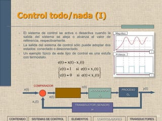 44
• Combina las tres acciones: proporcional,
derivativo e integral, por lo que es válido para
controlar cualquier proceso.
• La acción proporcional reduce las oscilaciones en
régimen transitorio.
• La acción derivativa corrige los cambios
producidos en la magnitud controlada durante el
régimen permanente como consecuencia de una
perturbación externa.
Control proporcional integral derivativo:
PID (I)
ACCIONADOR
GA
PROCESO
GP
x(t) y(t)
COMPARADOR
e(t)
x1(t)
TRANSDUCTOR (SENSOR)
H








++ ∫
t
0
IDP ...d(t)K
dt
de(t)
Ke(t)K
• La acción integral corrige el offset y ajusta el valor de la variable al la referencia.
CONTENIDO SISTEMAS DE CONTROL ELEMENTOS TRANSDUCTORESCONTROLADORES
 