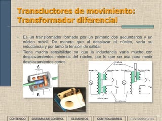 57
Transductores de movimiento (II)
Según el tipo de movimiento a detectar pueden ser:
CONTENIDO SISTEMAS DE CONTROL ELEMENTOS TRANSDUCTORESCONTROLADORES
TRANSDUCTOR MOVIMIENTO
Potenciómetro lineal, regla graduada, transformador
diferencial, medidor láser
lineal
Potenciómetro angular, medidor láser, encoders angular
 