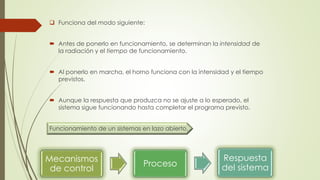  Funciona del modo siguiente:
 Antes de ponerlo en funcionamiento, se determinan la intensidad de
la radiación y el tiempo de funcionamiento.
 Al ponerlo en marcha, el horno funciona con la intensidad y el tiempo
previstos.
 Aunque la respuesta que produzca no se ajuste a lo esperado, el
sistema sigue funcionando hasta completar el programa previsto.
Funcionamiento de un sistemas en lazo abierto.
Mecanismos
de control
Proceso
Respuesta
del sistema
 