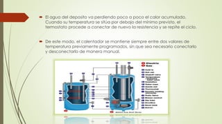  El agua del deposito va perdiendo poco a poco el calor acumulado.
Cuando su temperatura se sitúa por debajo del mínimo previsto, el
termostato procede a conectar de nuevo la resistencia y se repite el ciclo.
 De este modo, el calentador se mantiene siempre entre dos valores de
temperatura previamente programados, sin que sea necesario conectarlo
y desconectarlo de manera manual.
 