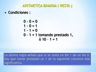 ARITMETICA BINARIA ( RESTA )
• Condiciones :

             0-0=0
             1-0=1
             1-1=0
             0 – 1 = 1 tomando prestado 1,
                       ó 10 – 1 = 1



La última regla señala que si se resta un bit 1 de un bit 0,
hay que tomar prestado un 1 de la siguiente columna más
significativa.
 