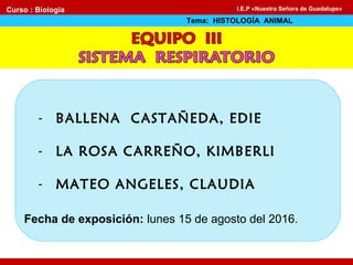 - BALLENA CASTAÑEDA, EDIE
- LA ROSA CARREÑO, KIMBERLI
- MATEO ANGELES, CLAUDIA
Fecha de exposición: lunes 15 de agosto del 2016.
Curso : Biología
Tema: HISTOLOGÍA ANIMAL
I.E.P «Nuestra Señora de Guadalupe»
 