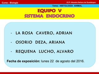 - LA ROSA CAVERO, ADRIAN
- OSORIO DEZA, ARIANA
- REQUENA LUCHO, ALVARO
Fecha de exposición: lunes 22 de agosto del 2016.
Curso : Biología
Tema: HISTOLOGÍA ANIMAL
I.E.P «Nuestra Señora de Guadalupe»
 