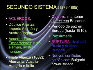 15
SEGUNDO SISTEMA (1879-1885)
● ACUERDOS:
● Dúplice Alianza:
Imperio Alemán y
Austrohúngaro.
● Acuerdo Tres
Emperadores: ruso,
alemán, austro-
húngaro.
● Triple Alianza (1882):
Alemania, Austria-
Hungría e Italia.
● Objetivo: mantener
status quo Balcanes.
● Período de paz en
Europa (hasta 1910).
● Paz armada.
● RUPTURA: rivalidad
Rusia y Austria-
Hungría.
● Nuevos conflictos
balcánicos: Bulgaria
pro-austriaca.
 