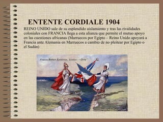 ENTENTE CORDIALE 1904
REINO UNIDO sale de su esplendido aislamiento y tras las rivalidades
coloniales con FRANCIA llega a esta alianza que permite el mutuo apoyo
en las cuestiones africanas (Marruecos por Egipto – Reino Unido apoyará a
Francia ante Alemania en Marruecos a cambio de no pleitear por Egipto o
el Sudán)
 