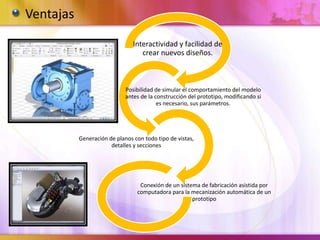 Ventajas
Interactividad y facilidad de
crear nuevos diseños.
Posibilidad de simular el comportamiento del modelo
antes de la construcción del prototipo, modificando si
es necesario, sus parámetros.
Generación de planos con todo tipo de vistas,
detalles y secciones
Conexión de un sistema de fabricación asistida por
computadora para la mecanización automática de un
prototipo
 