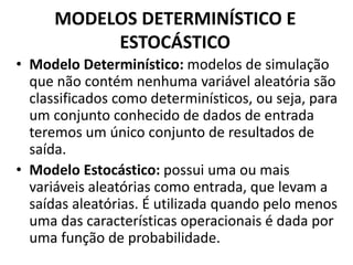 MODELOS DETERMINÍSTICO E 
ESTOCÁSTICO 
• Modelo Determinístico: modelos de simulação 
que não contém nenhuma variável aleatória são 
classificados como determinísticos, ou seja, para 
um conjunto conhecido de dados de entrada 
teremos um único conjunto de resultados de 
saída. 
• Modelo Estocástico: possui uma ou mais 
variáveis aleatórias como entrada, que levam a 
saídas aleatórias. É utilizada quando pelo menos 
uma das características operacionais é dada por 
uma função de probabilidade. 
 