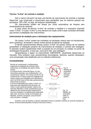 Tuchenhagen do BrasilLtda.
Técnica “in-line” de controle e medição
Sob a marca Varivent® há toda uma família de instrumentos de controle e medição
disponível, cuja construção é direcionada para possibilitar que os mesmos passem por
processos CIP e SIP, ou seja, de limpeza e esterilização.
Os instrumentos podem ser limpos por ciclos automáticos de limpeza sem
remanescência de resíduos.
A peça chave da técnica “in-line” de controle e medição é o acessório chamado
corpo “in-line”. O corpo “in-line” é uma câmara com duplo corte e duas conexões alinhadas
que servem à adaptação dos instrumentos.
Instrumentos de medição para a otimização dos equipamentos
Os corpos “in-line” podem ser montados na tubulação mesmo sem os transdutores,
sem a presença de fendas e cantos mortos devido às placas de vedação.
O devido posicionamento desses corpos “in-line” em pontos críticos de um sistema
possibilitam a instalação posterior de instrumentos de medição e controle sem soldagem.
O operador poderá rapidamente medir a pressão de um processo ou instalar um ponto de
amostragem temporário, e tudo isto, como já foi dito, sem soldagem.
Apresentamos a seguir os instrumentos VARIVENT® atualmente disponíveis no
mercado. Para enfatizar suas características tecnológicas, fazemos, quando necessário,
uma comparação mais detalhada com os métodos tradicionais.
Condutibilidade
Devido ao comprimento, é praticamente
impossível a instalação de condutivímetro
tradicionais na tubulação sem gerar cantos
mortos.
O condutivímetro Varivent® (figura. 9), tem
dimensões reduzidas, com praticamente ¼ do
comprimento original. Tem menos de 40 mm de
comprimento e o sensor pode ser instalado sem
cantos mortos nas tubulações com diâmetros a
partir de DN 40 (isso é feito pelo posicionamento
transversal do sensor).
Fig.:9:
Medidor de
condutibili-
dade com
conexão
tubular.
A forma arredondada dos corpos “in-line” é a
base para esta disposição dos sensores, de
modo a evitar perda de pressão, mesmo nos
menores diâmetros. Outra característica que os
diferencia dos condutivímetros tradicionais é
que fica constante e completamente preenchido
pelo meio, de forma a evitar as formações de
depósito durante a produção, que provocam
erros de leitura / medição.
Fig.:10
Medidor de
condutibili-
dade no
corpo “in-
line”
Durante o ciclo de limpeza, a devida velocidade de fluxo é também mantida no canal de medição do
sensor, tornando desnecessária a limpeza manual do mesmo.
16
 