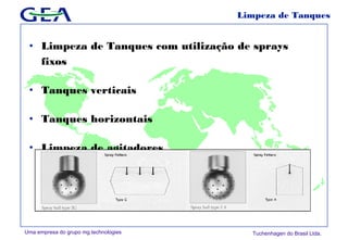 Uma empresa do grupo mg technologies Tuchenhagen do Brasil Ltda.
Limpeza de Tanques
• Limpeza de Tanques com utilização de sprays
fixos
• Tanques verticais
• Tanques horizontais
• Limpeza de agitadores
 