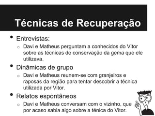 Técnicas de Recuperação
• Entrevistas:
o Davi e Matheus perguntam a conhecidos do Vitor
sobre as técnicas de conservação da gema que ele
utilizava.
• Dinâmicas de grupo
o Davi e Matheus reunem-se com granjeiros e
raposas da região para tentar descobrir a técnica
utilizada por Vitor.
• Relatos espontâneos
o Davi e Matheus conversam com o vizinho, que
por acaso sabia algo sobre a ténica do Vitor.
 