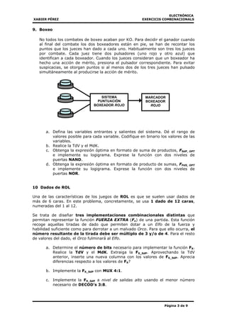 ELECTRÓNICA
XABIER PÉREZ EXERCICIS COMBINACIONALS
Página 3 de 9
9. Boxeo
No todos los combates de boxeo acaban por KO. Para decidir el ganador cuando
al final del combate los dos boxeadores están en pie, se han de recontar los
puntos que los jueces han dado a cada uno. Habitualmente son tres los jueces
por combate. Cada juez tiene dos pulsadores (uno rojo y otro azul) que
identifican a cada boxeador. Cuando los jueces consideran que un boxeador ha
hecho una acción de mérito, presiona el pulsador correspondiente. Para evitar
suspicacias, se otorgan puntos si al menos dos de los tres jueces han pulsado
simultáneamente al producirse la acción de mérito.
a. Defina las variables entrantes y salientes del sistema. Dé el rango de
valores posible para cada variable. Codifique en binario los valores de las
variables.
b. Realice la TdV y el MdK.
c. Obtenga la expresión óptima en formato de suma de productos, FSdP OPT
e implemente su logigrama. Exprese la función con dos niveles de
puertas NAND.
d. Obtenga la expresión óptima en formato de producto de sumas, FPdS OPT
e implemente su logigrama. Exprese la función con dos niveles de
puertas NOR.
10 Dados de ROL
Una de las características de los juegos de ROL es que se suelen usar dados de
más de 6 caras. En este problema, concretamente, se usa 1 dado de 12 caras,
numeradas del 1 al 12.
Se trata de diseñar tres implementaciones combinacionales distintas que
permitan representar la función FUERZA EXTRA (Fx) de una partida. Esta función
recoge aquellas tiradas de dado que permiten dotar a un Elfo de la fuerza y
habilidad suficiente como para derrotar a un malvado Orco. Para que ello ocurra, el
número resultante de la tirada debe ser múltiplo de 3 y/o de 4. Para el resto
de valores del dado, el Orco fulminará al Elfo.
a. Determine el número de bits necesario para implementar la función FX.
Realice la TdV y el MdK. Extraiga la FX_SdP. Aprovechando la TdV
anterior, inserte una nueva columna con los valores de FX_SdP. Aprecia
diferencias respecto a los valores de FX?
b. Implemente la FX_SdP con MUX 4:1.
c. Implemente la FX_SdP a nivel de salidas alto usando el menor número
necesario de DECOD’s 3:8.
SISTEMA
PUNTUACIÓN
BOXEADOR ROJO
MARCADOR
BOXEADOR
ROJO
 