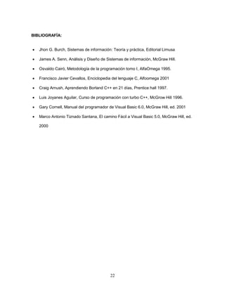 22
BIBLIOGRAFÍA:
 Jhon G. Burch, Sistemas de información: Teoría y práctica, Editorial Limusa
 James A. Senn, Análisis y Diseño de Sistemas de información, McGraw Hill.
 Osvaldo Cairó, Metodología de la programación tomo I, AlfaOmega 1995.
 Francisco Javier Cevallos, Enciclopedia del lenguaje C, Alfoomega 2001
 Craig Arnush, Aprendiendo Borland C++ en 21 días, Prentice hall 1997.
 Luis Joyanes Aguilar, Curso de programación con turbo C++, McGrow Hill 1996.
 Gary Cornell, Manual del programador de Visual Basic 6.0, McGraw Hill, ed. 2001
 Marco Antonio Tiznado Santana, El camino Fácil a Visual Basic 5.0, McGraw Hill, ed.
2000
 