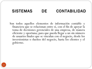 Son todos aquellos elementos de información contable y
financiera que se relacionan entre sí, con el fin de apoyar la
toma de decisiones gerenciales de una empresa, de manera
eficiente y oportuna; para que pueda llegar a un sin número
de usuarios finales que se vinculan con el negocio, desde los
inversionistas o dueños del negocio, hasta los clientes y el
gobierno.
SISTEMAS DE CONTABILIDADSISTEMAS DE CONTABILIDAD
1111
 