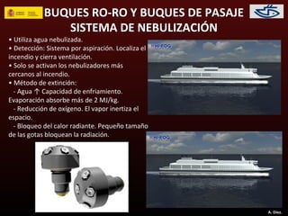 BUQUES RO-RO Y BUQUES DE PASAJE
               SISTEMA DE NEBULIZACIÓN
• Utiliza agua nebulizada.
• Detección: Sistema por aspiración. Localiza el
incendio y cierra ventilación.
• Solo se activan los nebulizadores más
cercanos al incendio.
• Método de extinción:
  - Agua ↑ Capacidad de enfriamiento.
Evaporación absorbe más de 2 MJ/kg.
  - Reducción de oxígeno. El vapor inertiza el
espacio.
  - Bloqueo del calor radiante. Pequeño tamaño
de las gotas bloquean la radiación.




                                                   A. Díez.
 