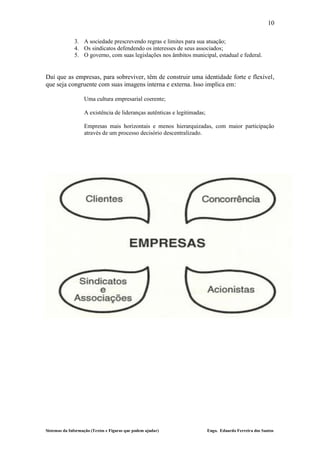 10

              3. A sociedade prescrevendo regras e limites para sua atuação;
              4. Os sindicatos defendendo os interesses de seus associados;
              5. O governo, com suas legislações nos âmbitos municipal, estadual e federal.


Daí que as empresas, para sobreviver, têm de construir uma identidade forte e flexível,
que seja congruente com suas imagens interna e externa. Isso implica em:

                   Uma cultura empresarial coerente;

                   A existência de lideranças autênticas e legitimadas;

                   Empresas mais horizontais e menos hierarquizadas, com maior participação
                   através de um processo decisório descentralizado.




Sistemas da Informação (Textos e Figuras que podem ajudar)                Engo. Eduardo Ferreira dos Santos
 
