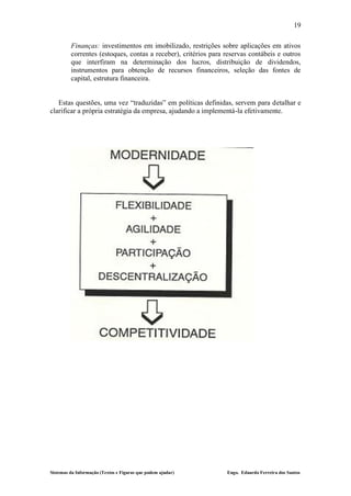 19

         Finanças: investimentos em imobilizado, restrições sobre aplicações em ativos
         correntes (estoques, contas a receber), critérios para reservas contábeis e outros
         que interfiram na determinação dos lucros, distribuição de dividendos,
         instrumentos para obtenção de recursos financeiros, seleção das fontes de
         capital, estrutura financeira.


   Estas questões, uma vez “traduzidas” em políticas definidas, servem para detalhar e
clarificar a própria estratégia da empresa, ajudando a implementá-la efetivamente.




Sistemas da Informação (Textos e Figuras que podem ajudar)      Engo. Eduardo Ferreira dos Santos
 