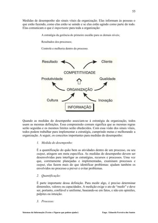 55

Medidas de desempenho são sinais vitais da organização. Elas informam às pessoas o
que estão fazendo, como elas estão se saindo e se elas estão agindo como parte do todo.
Elas comunicam o que é importante para toda a organização:

                   A estratégia da gerência do primeiro escalão para os demais níveis;

                   Resultados dos processos;

                   Controle e melhoria dentro do processo.




Quando as medidas do desempenho associam-se à estratégia da organização, todos
usam as mesmas definições. Essa compreensão comum significa que as mesmas regras
serão seguidas e os mesmos limites serão obedecidos. Com essa visão dos sinais vitais,
todos podem trabalhar para implementar a estratégia, cumprindo metas e melhorando a
organização. A seguir, os conceitos importantes para medidas do desempenho:

              1. Medida do desempenho:

              É a quantificação do quão bem as atividades dentro de um processo, ou seu
              output, atingem um meta específica. As medidas do desempenho devem ser
              desenvolvidas para interligar as estratégias, recursos e processos. Uma vez
              que, corretamente planejadas e implementadas, examinam processos e
              output, elas fazem mais do que identificar problemas: ajudam também os
              envolvidos no processo a prever e evitar problemas.

              2. Quantificação:

              É parte importante dessa definição. Para medir algo, é preciso determinar
              dimensões, valores ou capacidades. A medição exige o ato de “medir” e deve
              ser, portanto, confiável e uniforme, baseando-se em fatos, e não em opiniões,
              palpites ou intuição.

              3. Processo:


Sistemas da Informação (Textos e Figuras que podem ajudar)            Engo. Eduardo Ferreira dos Santos
 