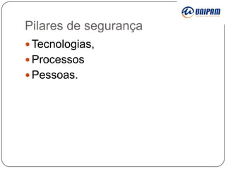Pilares de segurança
 Tecnologias,

 Processos
 Pessoas.

 