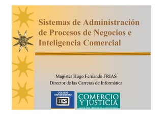 Sistemas de Administración
de Procesos de Negocios e
Inteligencia Comercial
Magister Hugo Fernando FRIAS
Director de las Carreras de Informática
 