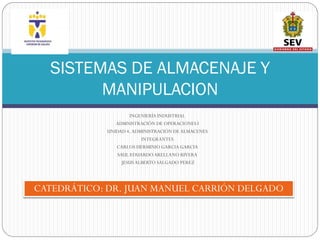 SISTEMAS DE ALMACENAJE Y
MANIPULACION
INGENIERÍA INDUSTRIAL
ADMNISTRACIÓN DE OPERACIONES I
UNIDAD 4. ADMINISTRACIÓN DE ALMACENES
INTEGRANTES
CARLOS HERMINIO GARCIA GARCIA
SAUL EDUARDO ARELLANO RIVERA
JESUS ALBERTO SALGADO PEREZ

CATEDRÁTICO: DR. JUAN MANUEL CARRIÓN DELGADO

 