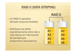 RAID 0 (DATA STRIPING)


   Un RAID 0 (también
    llamado conjunto dividido)

   Distribuye los datos
    equitativamente entre dos o
    más discos sin información
    de paridad que
    proporcione redundancia.
 