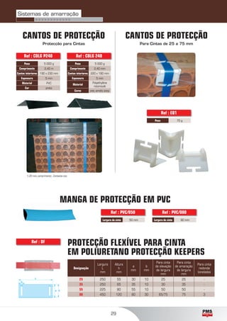 29
CANTOS DE PROTECÇÃO
Protecção para Cintas
CANTOS DE PROTECÇÃO
Para Cintas de 25 a 75 mm
Designação
Largura
L
mm
Altura
h
mm
a
mm
b
mm
Para cinta
de elevação
de largura
mm
Para cinta
de amaração
de largura
mm
Para cinta
redonda
toneladas
25 250 55 30 10 25 25 -
35 250 65 35 10 30 35 -
55 225 80 55 10 50 50 -
80 450 120 80 30 65/75 75 3
Peso 70 g
Ref : EQ1
Ref : DF
MANGA DE PROTECÇÃO EM PVC
Largura da cinta 50 mm
Ref : PVC/050
Largura da cinta 80 mm
Ref : PVC/080
Peso 5 000 g
Comprimento 2,40 mm
Cantos interiores 220 x 190 mm
Espessura 5 mm
Material
Polyéthylène
rotomoulé
Cores preto, vermelho, laranja
Ref : COLG 240
Peso 5 000 g
Comprimento 2,40 m
Cantos interiores 190 x 230 mm
Espessura 5 mm
Material PVC
Cor preto
Ref : COLG P240
PROTECÇÃO FLEXÍVEL PARA CINTA
EM POLIURETANO PROTECÇÃO KEEPERS
b
L
ha
1,20 mts comprimento. Contacte-nos.
Sistemas de amarração
> > > > > > > > > > > >
 