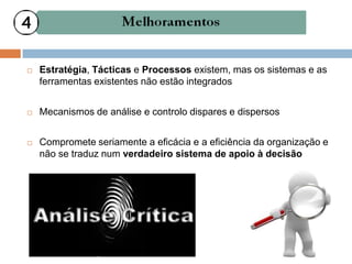    Estratégia, Tácticas e Processos existem, mas os sistemas e as
    ferramentas existentes não estão integrados


   Mecanismos de análise e controlo dispares e dispersos


   Compromete seriamente a eficácia e a eficiência da organização e
    não se traduz num verdadeiro sistema de apoio à decisão
 