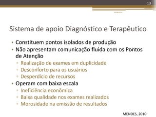 Sistema de apoio Diagnóstico e Terapêutico
• Constituem pontos isolados de produção
• Não apresentam comunicação fluida com os Pontos
de Atenção
▫ Realização de exames em duplicidade
▫ Desconforto para os usuários
▫ Desperdício de recursos
• Operam com baixa escala
▫ Ineficiência econômica
▫ Baixa qualidade nos exames realizados
▫ Morosidade na emissão de resultados
20/08/2014
13
MENDES, 2010
 
