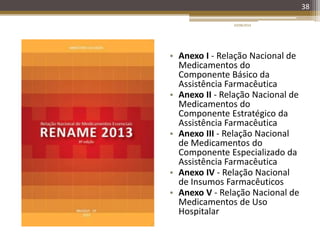 • Anexo I - Relação Nacional de
Medicamentos do
Componente Básico da
Assistência Farmacêutica
• Anexo II - Relação Nacional de
Medicamentos do
Componente Estratégico da
Assistência Farmacêutica
• Anexo III - Relação Nacional
de Medicamentos do
Componente Especializado da
Assistência Farmacêutica
• Anexo IV - Relação Nacional
de Insumos Farmacêuticos
• Anexo V - Relação Nacional de
Medicamentos de Uso
Hospitalar
20/08/2014
38
 