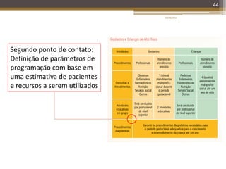 20/08/2014
44
Segundo ponto de contato:
Definição de parâmetros de
programação com base em
uma estimativa de pacientes
e recursos a serem utilizados
 