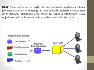 OLAP: Es el acrónimo en inglés de procesamiento analítico en línea
(On-Line Analytical Processing). Es una solución utilizada en el campo
de la llamada Inteligencia empresarial (o Business Intelligence) cuyo
objetivo es agilizar la consulta de grandes cantidades de datos.
 