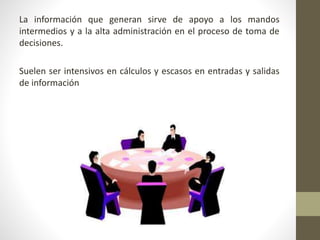 La información que generan sirve de apoyo a los mandos
intermedios y a la alta administración en el proceso de toma de
decisiones.
Suelen ser intensivos en cálculos y escasos en entradas y salidas
de información
 